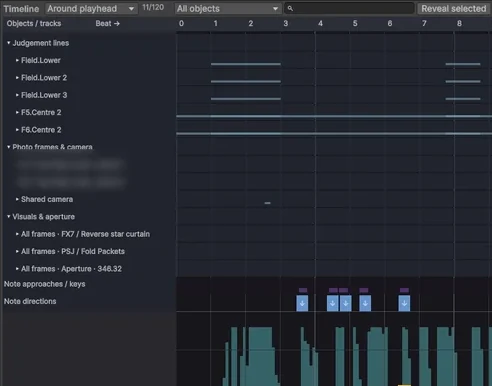 Part of the Memora charting editor's timeline: a beat ruler from 0 to 8, rows for judgement lines, camera frames and visual effects with bars showing when each is active, and a lane of note markers underneath.